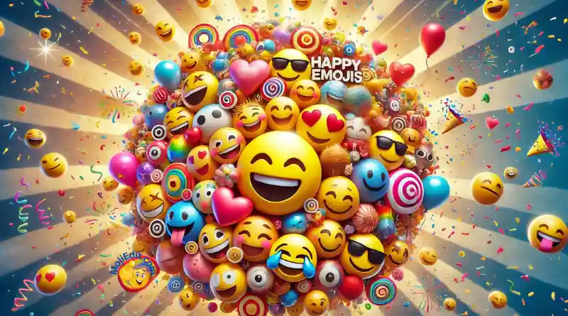 Une image vibrante et colorée présentant une large collection d'emojis heureux comme 😀, 😃, 😄, 😊, 😘, et 😎 avec des confettis, des ballons, et des rayons de soleil.