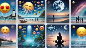 A photo-realistic collage showing scenes of a beach, an underwater view, a dreamy night sky, and a person meditating by the sea.