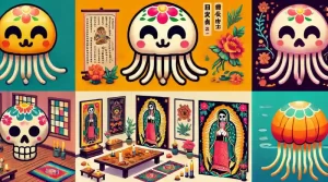 An illustration of a jellyfish in different cultural settings: traditional Japanese art, a Mexican Day of the Dead altar, and a modern Western conservation poster.