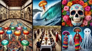 Un collage fotorrealista que muestra escenarios culturales: obra de arte tradicional japonesa, celebración mexicana del Día de los Muertos y cartel de conservación de los océanos occidentales.