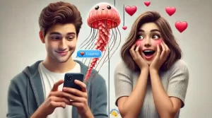 A photo-realistic split image of a young man texting a jellyfish emoji to his girlfriend, who reacts with a big smile, blushing, and heart emojis.