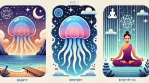 An illustration of a jellyfish emoji with different scenes: the ocean, a serene night sky, and a tranquil meditation session.