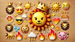 Divertida imagen que muestra una combinación del emoji Leo con emojis relacionados como el sol, la corona y el fuego.