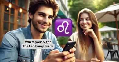 Young man texting a Leo emoji to a woman. The man looks happy and confident, while the woman smiles and holds her phone in a casual setting.