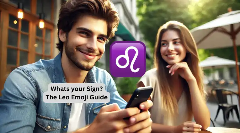 Young man texting a Leo emoji to a woman. The man looks happy and confident, while the woman smiles and holds her phone in a casual setting.