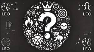  Question mark surrounded by the Leo emoji and related symbols like the sun, crown, and fire.