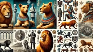 古代エジプトの雌ライオン像、紋章に描かれた中世のライオン、ポップカルチャーに登場する現代のライオンなど、歴史的・芸術的に表現されたライオンのモンタージュ。