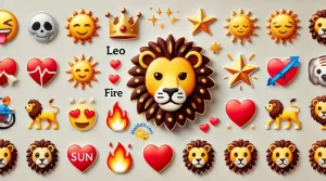 Leo-Emoji neben verwandten Emojis wie Sonne, Krone, Feuer, Stern, Löwe und Herzen.