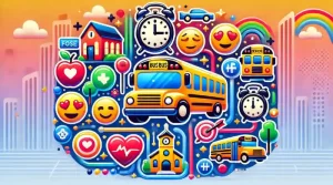 Una imagen vibrante que muestra un emoji de autobús rodeado de símbolos como un reloj, una escuela, un corazón y un paisaje urbano, que representan diferentes significados del emoji de autobús.