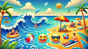 Beach scene with ocean waves, beach umbrella, and beach ball.