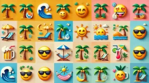 Combinaciones creativas de emoji de palmera con emojis de olas, sol, bebida tropical y hamaca en un entorno colorido.