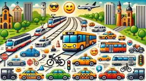 Una colorida imagen que muestra el emoji de autobús junto a otros emojis de transporte como tranvía, trolebús, minibús, taxi, coche, tren, bicicleta y avión, sobre un animado paisaje urbano.