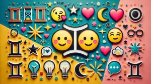 Zwillings-Emoji zusammen mit verwandten Emojis wie Sprechblasen, Glühbirnen, Sternen, Mond und Herzen, angeordnet in einem harmonischen Layout.