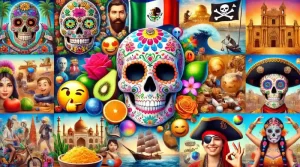 Image photoréaliste de l'emoji tête de mort dans différents contextes culturels : Journée des morts mexicaine, drapeau pirate occidental, cadre philosophique oriental et culture pop.