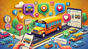 Ein farbenfrohes Bild, das das Bus-Emoji in Sprechblasen mit Kontexten wie tägliches Pendeln, Autoreise und Schulbus zeigt, umgeben von Smartphones, Laptops und Symbolen für soziale Medien.