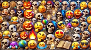 Fotorealistisches Bild, das das Totenkopf-Emoji in Kombination mit anderen Emojis zeigt: Kürbis für Halloween, Landkarte für Abenteuer, lachendes Emoji für Humor und Kerze für Kontemplation.