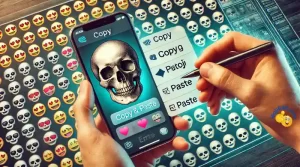 Image photo-réaliste d'une main tenant un smartphone, mettant en évidence les étapes pour copier et coller l'emoji crâne 💀 sur fond d'interface numérique.