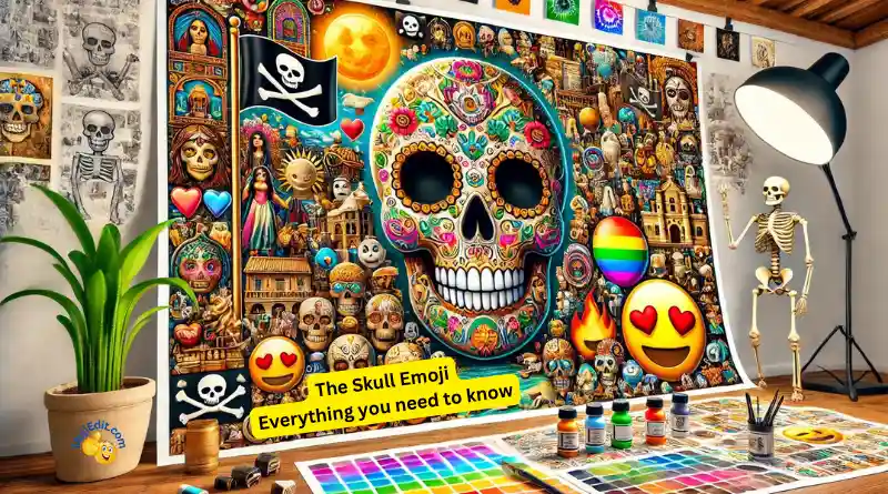 Photo-realistic image of a hand holding a smartphone, highlighting the steps to copy and paste the skull emoji 💀 with a digital interface background.