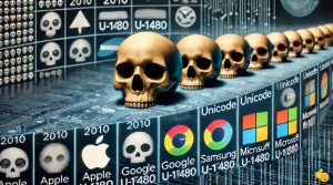 Imagen fotorrealista de la historia del emoji de la calavera en Unicode, con una cronología desde 2010 hasta la actualidad y diferentes diseños de plataformas.