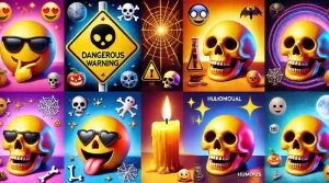 Fotorealistisches Bild, das den Totenkopf-Emoji in verschiedenen Kontexten zeigt: Gefahrenzeichen, Halloween-Setup, lachender Totenkopf für Humor und Raum mit Kerzenlicht für Kontemplation