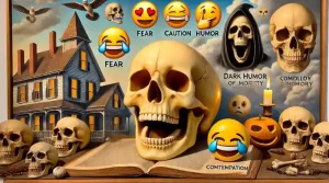 Photo-realistic image showing the skull emoji's emotional meanings: haunted house for fear, laughing skull for humor, and candlelit room for contemplation.