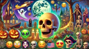 Imagen fotorrealista del emoji de la calavera con emojis relacionados: fantasma en un entorno espeluznante, zombi en un cementerio, alienígena en el espacio, esqueleto en un barco pirata y vampiro en un castillo gótico.