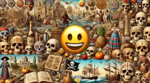 Imagen fotorrealista del emoji de la calavera con adornos del Día de los Muertos, banderas piratas y artefactos históricos.