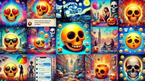 hoto-realistic image showing creative uses of the skull emoji in social media posts, text messages, and art, featuring dark humor and Halloween themes.