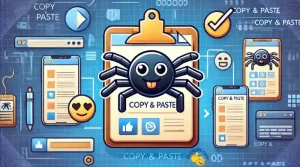 Ilustração do emoji de aranha 🕷 em um ambiente digital mostrando uma ação de copiar e colar, com telas de computador, smartphones e um ícone de área de transferência para representar o processo de cópia.