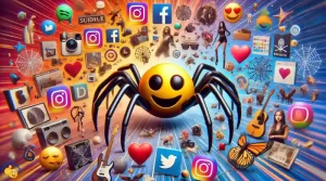 Fotorealistisches Bild, das das Spinnen-Emoji 🕷 in der Popkultur und den digitalen Medien mit Elementen wie Social-Media-Symbolen, Musik, Mode und digitaler Kunst zeigt und den Einfluss des Emoji in diesen Bereichen darstellt.