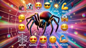 Fotorealistisches Bild, das das Spinnen-Emoji 🕷 in Kombination mit anderen beliebten Emojis wie Geist, Netz, Funken und Muskeln zeigt, um ausdrucksstarke Nachrichten zu erstellen. Der Hintergrund ist bunt und dynamisch.