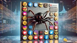 Image photo-réaliste montrant l'emoji araignée 🕷 dans un contexte de communication numérique moderne avec des messages texte, des messages sur les médias sociaux et des icônes de courrier électronique, illustrant l'évolution de l'expression numérique.