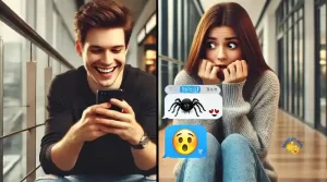 Photo-realistic image split in two. On the left side, a young man is texting a spider emoji 🕷 to his girlfriend, giggling. On the right side, the young woman is receiving the text and looking scared. The background shows a modern indoor setting.