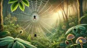  que capta la elegancia y la complejidad de la naturaleza con una araña y su intrincada tela. La escena incluye exuberante vegetación, gotas de rocío en la tela y la luz del sol filtrándose a través de un bosque vibrante. Este entorno sereno pone de relieve la belleza y la importancia ecológica de las arañas. ¡Espero que lo encuentres perfecto para tu sección sobre "Naturaleza y más allá"! 🌿🕷️