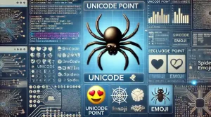 Photo-realistic image showing the spider emoji 🕷 in a technological setting, highlighting its Unicode point and the process of creating and standardizing emojis. Elements include computer code, digital screens, and an emoji panel.