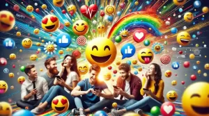 A vibrant image showing a group of people happily interacting and using various happy emojis like 😊, 😁, and 😍 in their conversations.