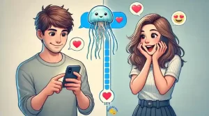 A photo-realistic split image of a young man texting a jellyfish emoji to his girlfriend, who reacts with a big smile and heart emojis.