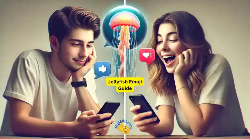 Uma imagem dividida foto-realista de um jovem enviando uma mensagem de texto com um emoji de água-viva para sua namorada, que reage com um grande sorriso e emojis de coração.