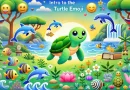 A vibrant, colorful image featuring a cute green turtle emoji 🐢 surrounded by other nature and wildlife emojis like dolphins 🐬, fish 🐟, and trees 🌳. The background shows a lively ocean scene with waves 🌊 and a bright sky. The text 'Intro to the Turtle Emoji' is displayed prominently at the top in large, bold white font. The image conveys themes of nature, patience, and environmental conservation, with elements like a lotus 🧘 and a book 📚 representing wisdom and tranquility."