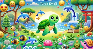 A vibrant, colorful image featuring a cute green turtle emoji 🐢 surrounded by other nature and wildlife emojis like dolphins 🐬, fish 🐟, and trees 🌳. The background shows a lively ocean scene with waves 🌊 and a bright sky. The text 'Intro to the Turtle Emoji' is displayed prominently at the top in large, bold white font. The image conveys themes of nature, patience, and environmental conservation, with elements like a lotus 🧘 and a book 📚 representing wisdom and tranquility."