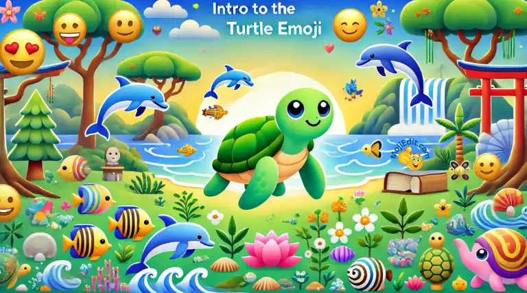 Une image vibrante et colorée présentant un mignon emoji tortue verte 🐢 entouré d'autres emojis de la nature et de la faune comme des dauphins 🐬, des poissons 🐟, et des arbres 🌳. L'arrière-plan montre une scène océanique animée avec des vagues 🌊 et un ciel lumineux. Le texte " Intro to the Turtle Emoji " (Présentation de l'émoji tortue) est affiché bien en vue en haut, dans une police de caractères blanche, grande et audacieuse. L'image véhicule les thèmes de la nature, de la patience et de la conservation de l'environnement, avec des éléments comme un lotus 🧘 et un livre 📚 représentant la sagesse et la tranquillité."