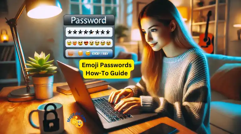 Uma jovem de 22 anos, sentada em uma mesa em uma sala aconchegante e bem iluminada, digitando uma senha emoji em seu laptop com uma expressão concentrada e um leve sorriso.