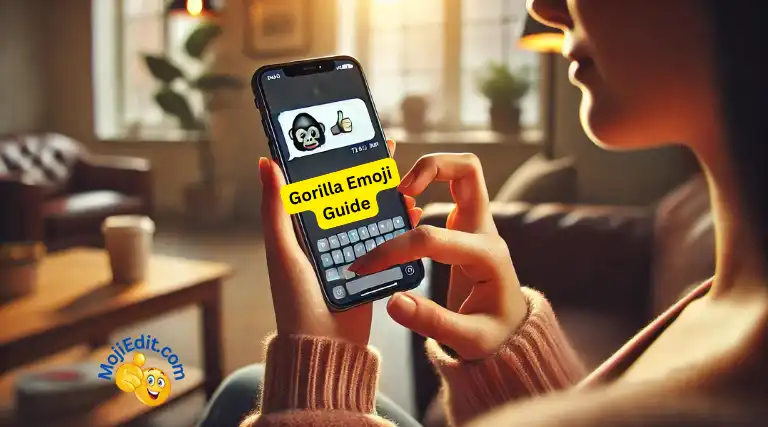 A woman texting on a smartphone with the gorilla emoji 🦍 prominently displayed in the text message. The scene is set in a casual environment with warm lighting.