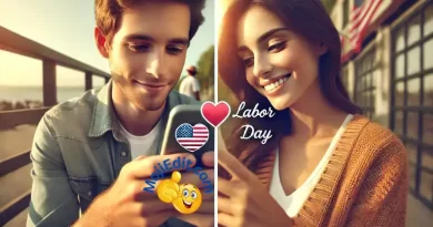 Split-screen image of a young man texting his girlfriend a Labor Day emoji