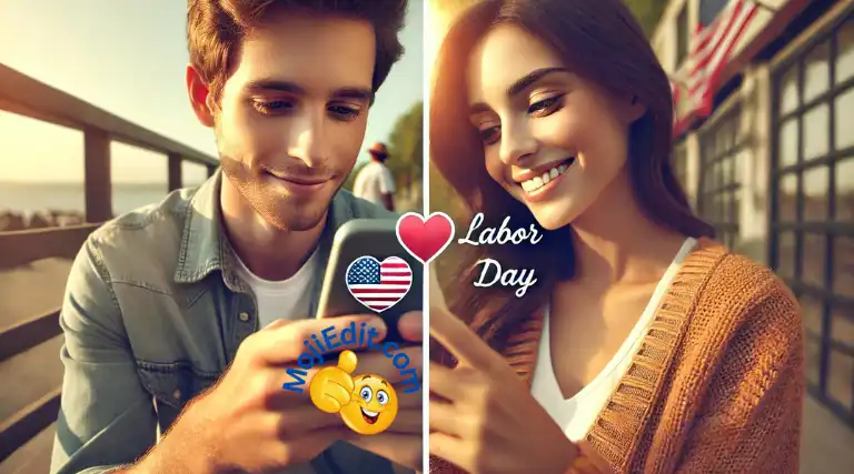 Split-screen image of a young man texting his girlfriend a Labor Day emoji