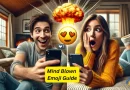 Ein fotorealistisches Split-Screen-Bild eines jungen Mannes auf der linken Seite, der mit seinem iPhone ein "mind-blown"-Emoji an eine junge Frau auf der rechten Seite schickt, die überrascht und aufgeregt reagiert. Das Emoji mit dem geblasenen Geist ist auf beiden Bildschirmen deutlich zu sehen.