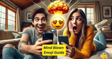 Image photoréaliste en écran partagé d'un jeune homme à gauche envoyant un emoji "mind-blown" sur son iPhone à une jeune femme à droite, qui réagit avec surprise et excitation. L'emoji est clairement visible sur les deux écrans.