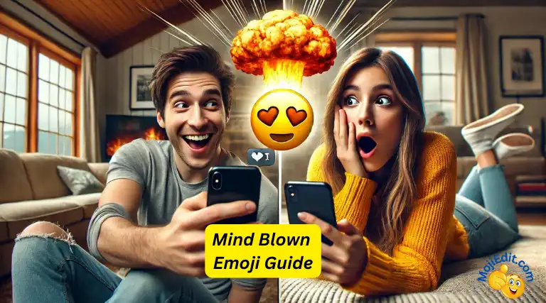 Ein fotorealistisches Split-Screen-Bild eines jungen Mannes auf der linken Seite, der mit seinem iPhone ein "mind-blown"-Emoji an eine junge Frau auf der rechten Seite schickt, die überrascht und aufgeregt reagiert. Das Emoji mit dem geblasenen Geist ist auf beiden Bildschirmen deutlich zu sehen.