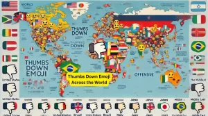 Mapa-múndi ilustrando as diferenças culturais na interpretação do emoji de polegar para baixo (👎) em vários países, com marcadores coloridos em regiões como Estados Unidos, Reino Unido, Brasil, Itália, Japão e Oriente Médio, destacando os diferentes significados, de desaprovação a ofensa.