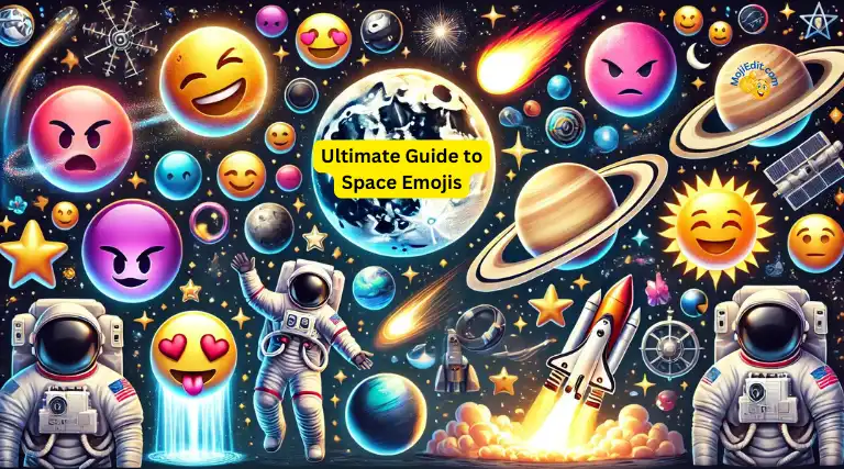 Bild mit weltraumbezogenen Emojis wie einer Rakete, einem Astronauten und Sternen, mit dem Titel "31 Space Emojis: Ihr Führer durch die Galaxie